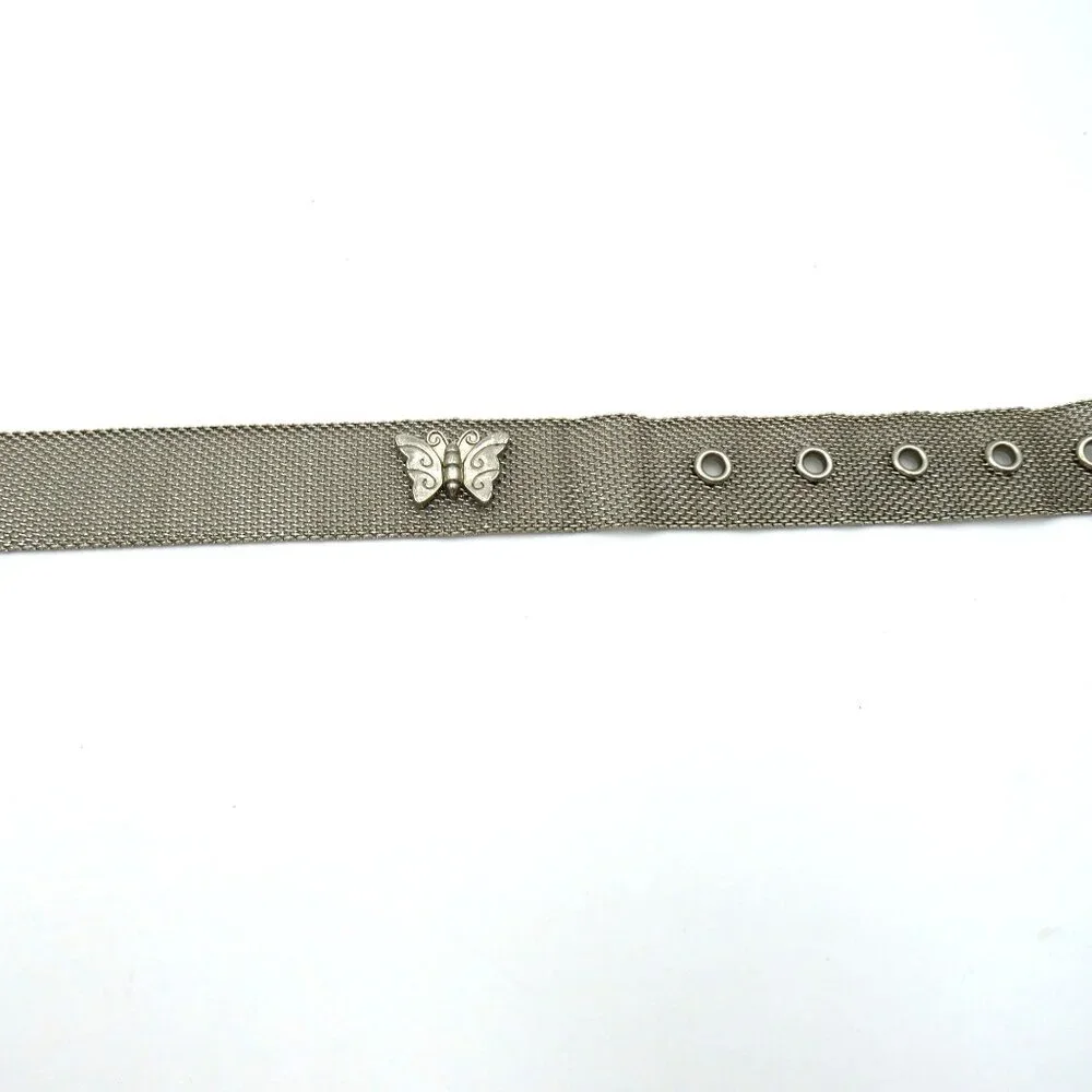 Silver Tone Mesh Belt Womens Size 33 Butterfly‎ Medallions Metallic Buckle
